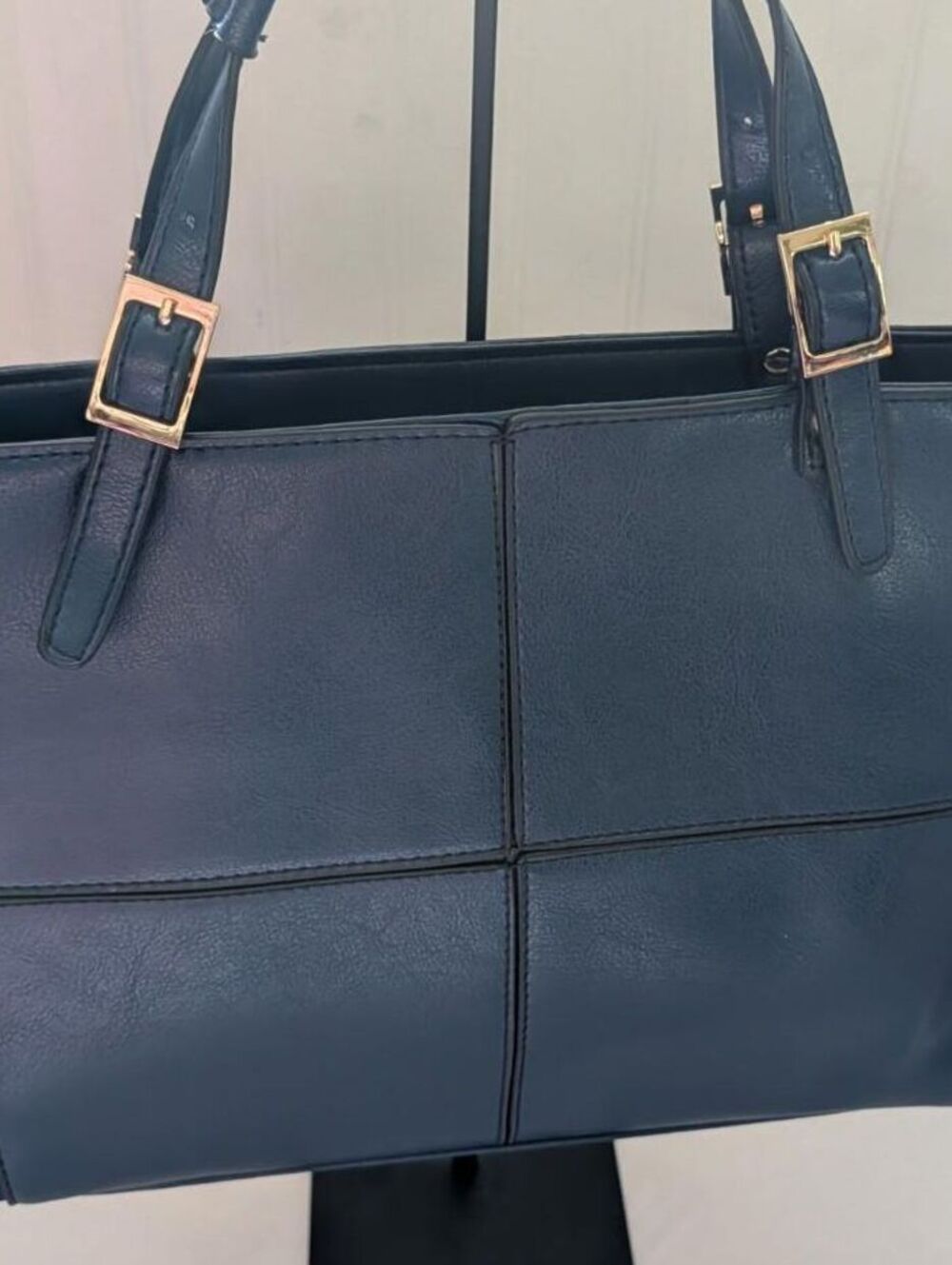 Navy Blue Faux Leather Structured Tote Bag with Gold Hardware